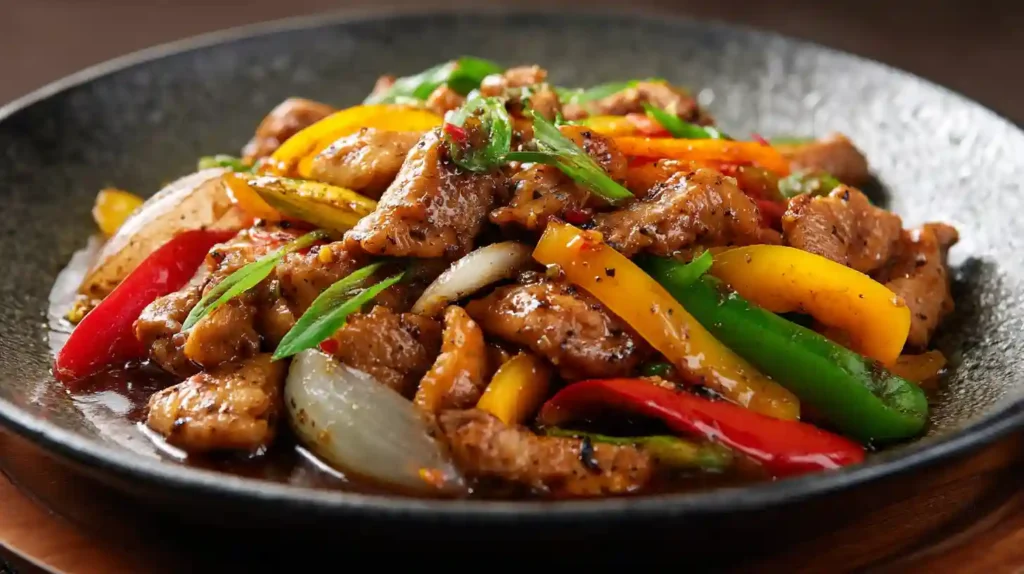 Black Pepper Chicken Recipe 1 Close-up of Black Pepper Chicken with bell peppers and onions in savory sauce