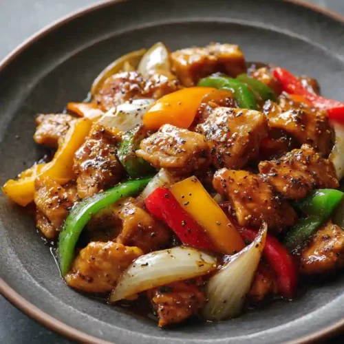 Black Pepper Chicken Recipe 5 Top-down view of Black Pepper Chicken stir-fry with colorful bell peppers and glossy pepper sauce