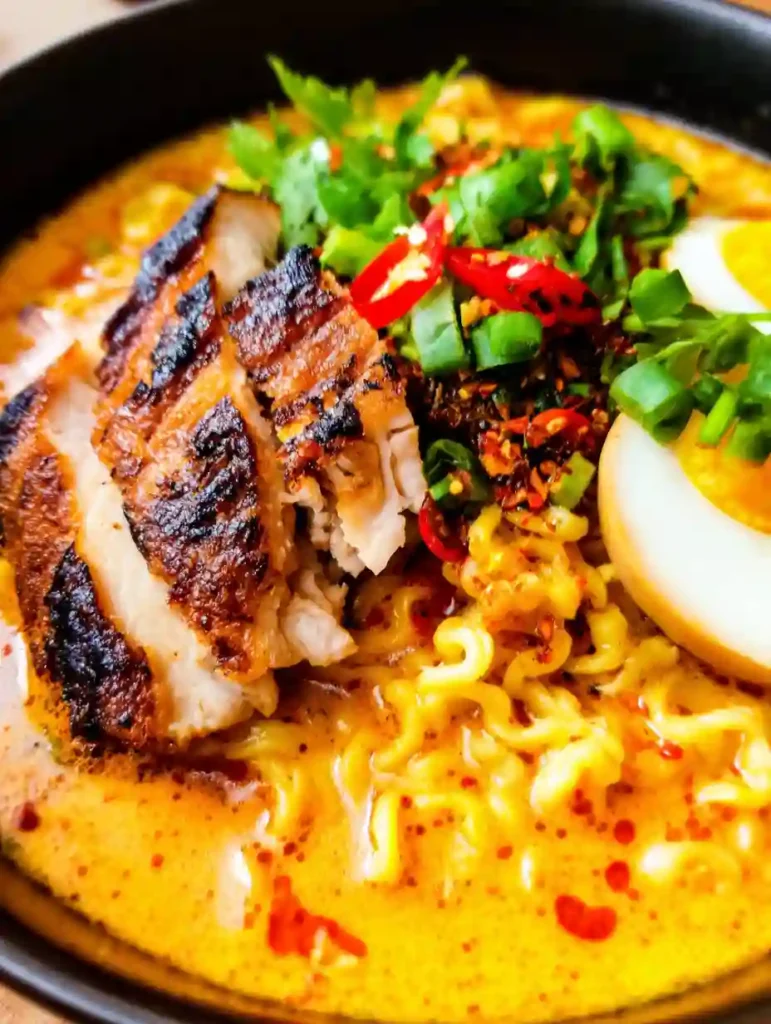 Creamy Chicken Ramen Noodles Recipe 2 Chicken ramen in creamy broth topped with grilled chicken, egg, and fresh chili