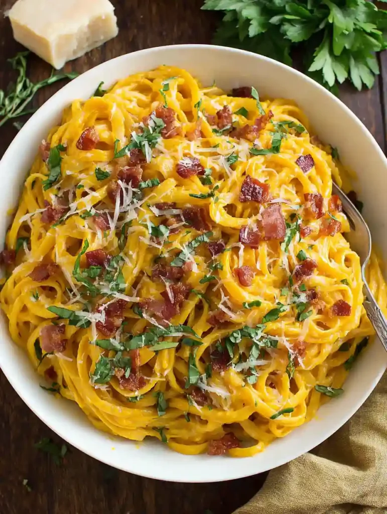 Butternut Squash Pasta Carbonara Recipe 3 Butternut Squash Pasta Carbonara in a white bowl topped with bacon and herbs