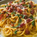 Bowl of creamy Butternut Squash Pasta Carbonara topped with bacon and fresh herbs