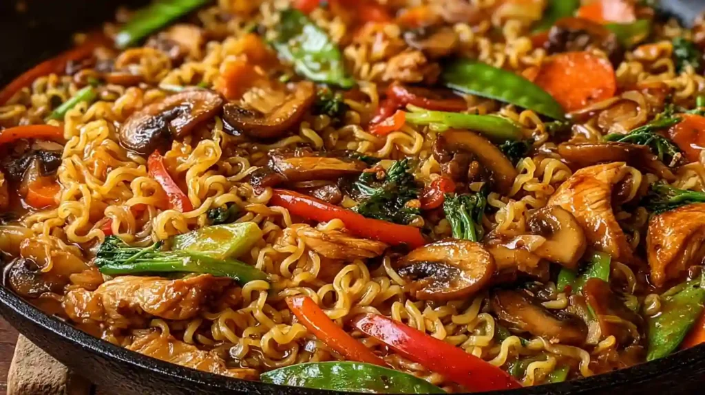 Chicken Vegetable Ramen Noodles Recipe 1 Close-up of chicken vegetable ramen noodles with mushrooms and stir-fried vegetables in a skillet