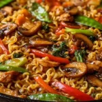 Close-up of chicken vegetable ramen noodles with mushrooms and stir-fried vegetables in a skillet
