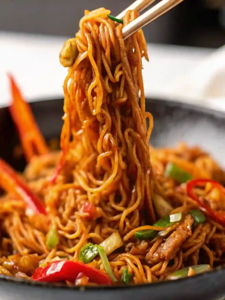 Chicken Vegetable Ramen Noodles Recipe 3 Chicken vegetable ramen noodles being lifted with chopsticks over a bowl of stir-fried vegetables
