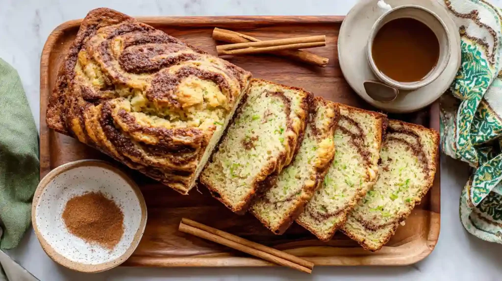 Cinnamon Swirl Zucchini Bread Recipe 1 Freshly baked Cinnamon Swirl Zucchini Bread loaf sliced on a wooden tray beside a cup of coffee