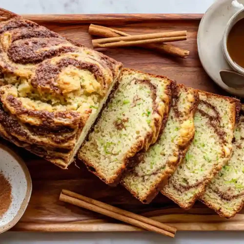 Cinnamon Swirl Zucchini Bread Recipe 5 Freshly baked Cinnamon Swirl Zucchini Bread loaf sliced on a wooden tray beside a cup of coffee