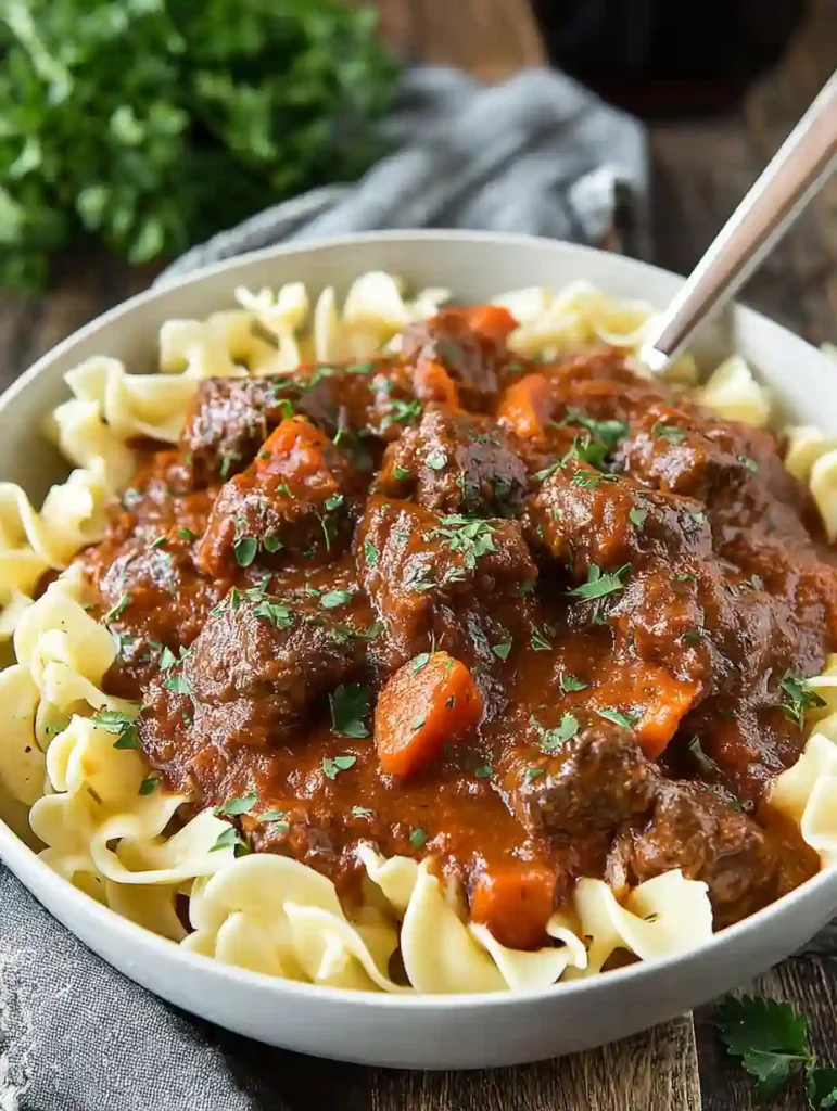 Irresistible Beef Goulash Recipe 5 Beef goulash served in a white bowl over egg noodles with carrots and parsley