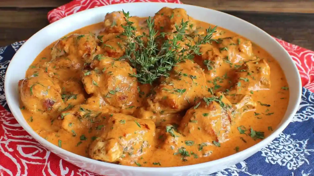 Authentic Chicken Paprikash Recipe 1 Authentic chicken paprikash served in a bowl with paprika cream sauce and herbs