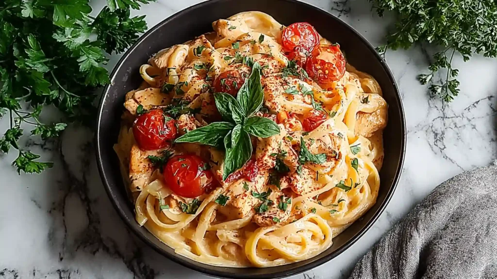 Creamy Cajun Chicken Pasta Recipe 1 Bowl of creamy Cajun chicken pasta with cherry tomatoes and parsley garnish