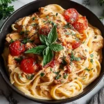 Bowl of creamy Cajun chicken pasta with cherry tomatoes and parsley garnish