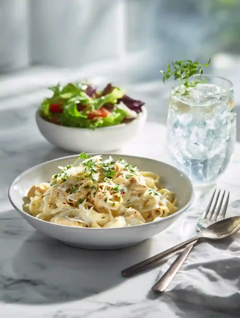 Creamy Cajun Chicken Pasta Recipe 3 Creamy Cajun chicken pasta served with fresh salad and sparkling water on a marble table