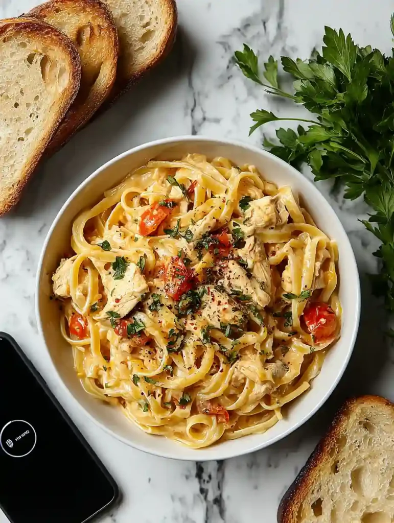 Creamy Cajun Chicken Pasta Recipe 2 Creamy Cajun chicken pasta in a white bowl with garlic bread slices and fresh parsley