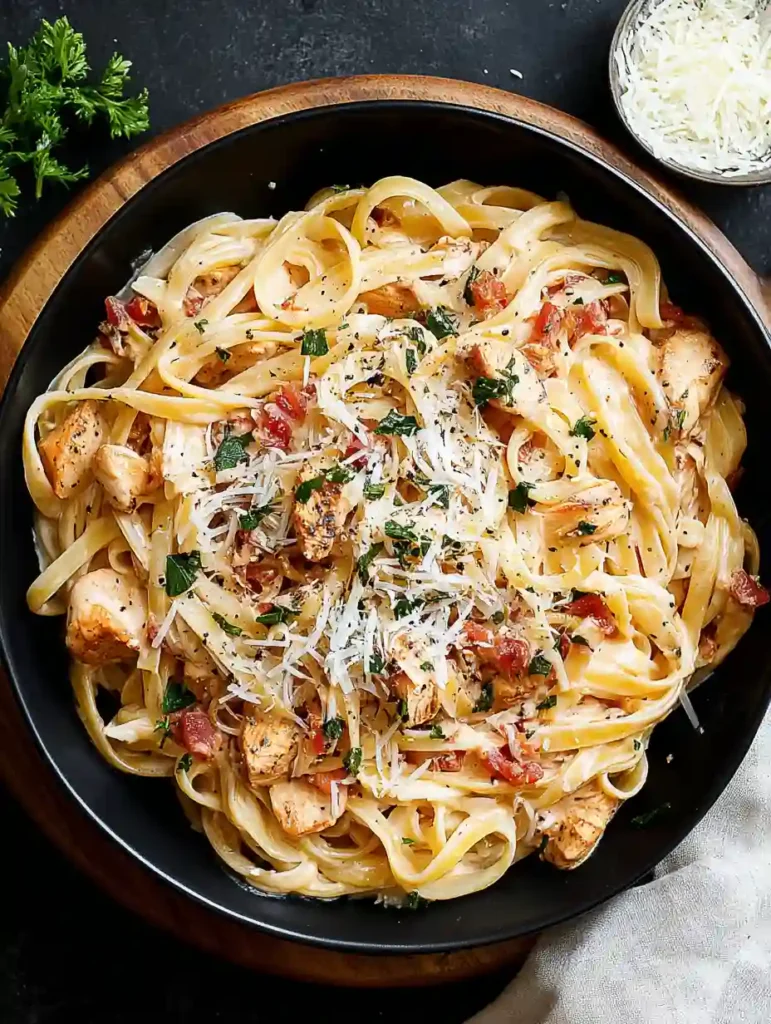 Creamy Cajun Chicken Pasta Recipe 4 Creamy Cajun chicken pasta topped with shredded Parmesan and parsley in a black bowl