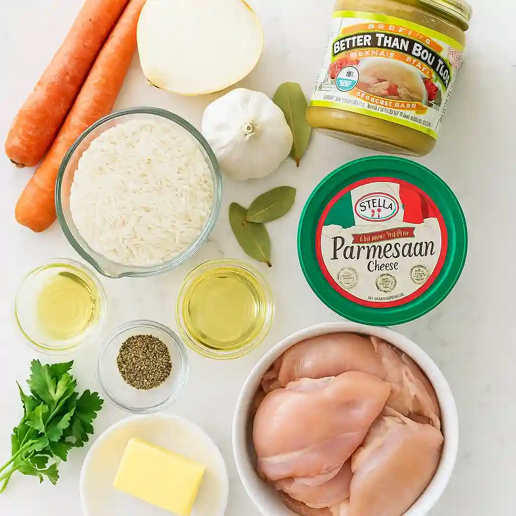 Creamy Chicken and Rice Recipe 2 Creamy chicken and rice ingredients including chicken, rice, carrots, garlic, and parmesan laid out on a marble countertop