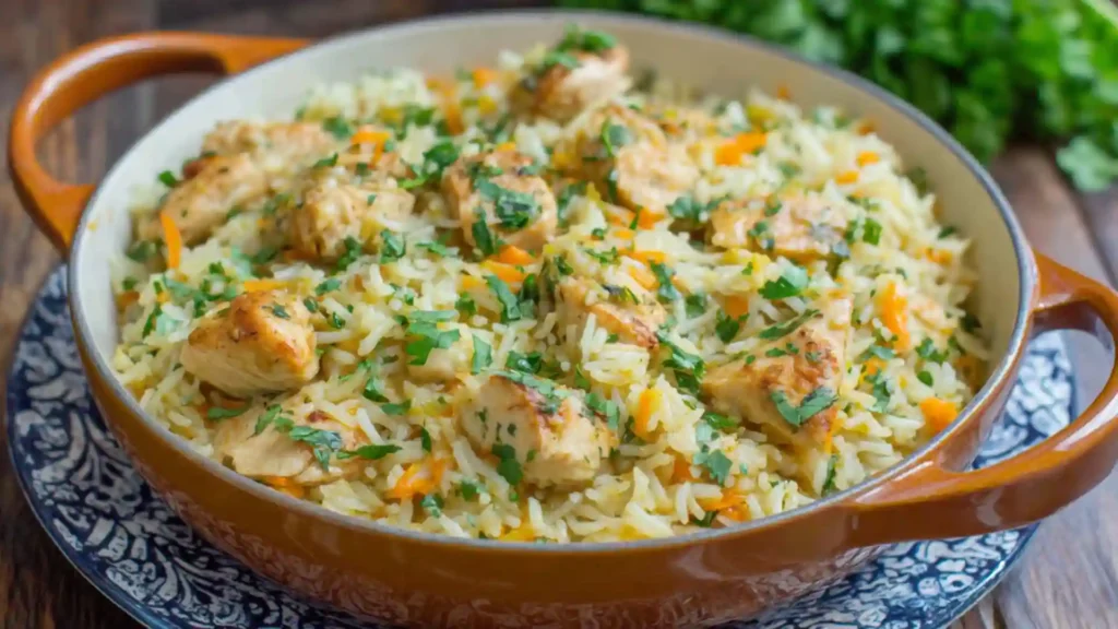 Creamy Chicken and Rice Recipe 1 Creamy chicken and rice served in a Dutch oven, garnished with parsley