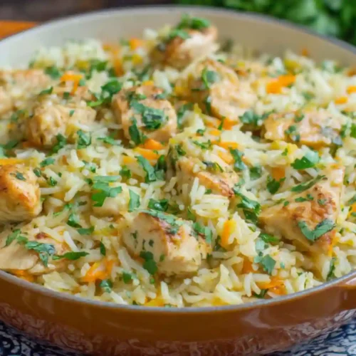 Creamy Chicken and Rice Recipe 7 Creamy chicken and rice served in a Dutch oven, garnished with parsley