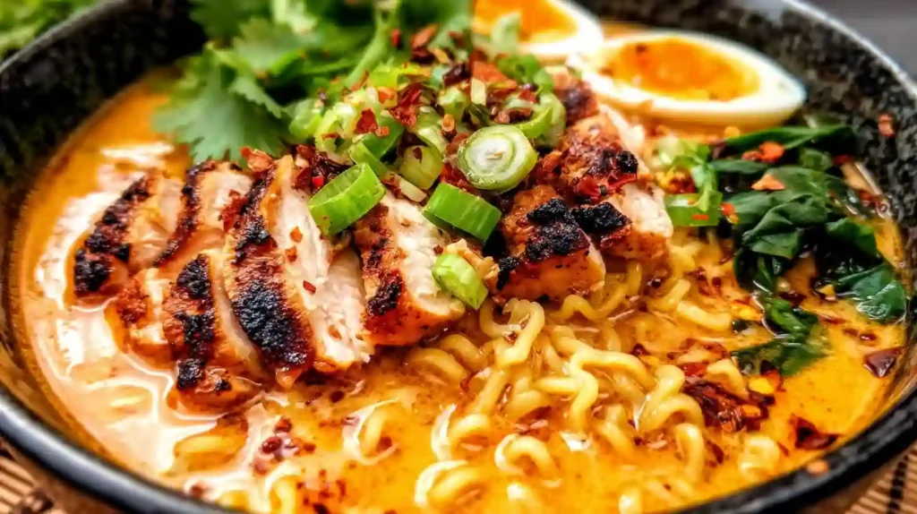 Creamy Chicken Ramen Noodles Recipe 1 Grilled chicken ramen served in a creamy spicy broth with egg and scallions