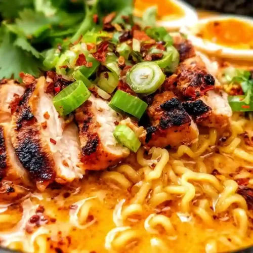 Grilled chicken ramen served in a creamy spicy broth with egg and scallions