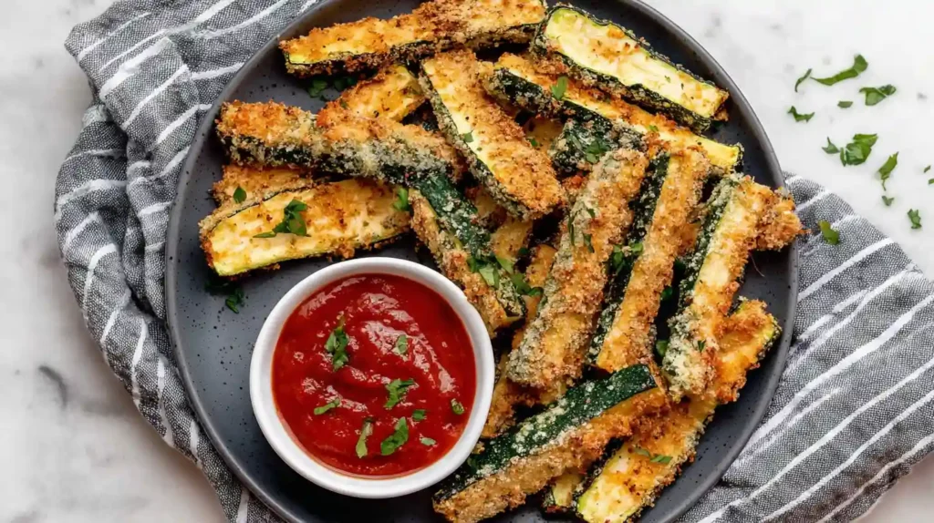 Air Fryer Zucchini Fries Recipe 1 Crispy Air Fryer Zucchini Fries served on a plate with marinara sauce