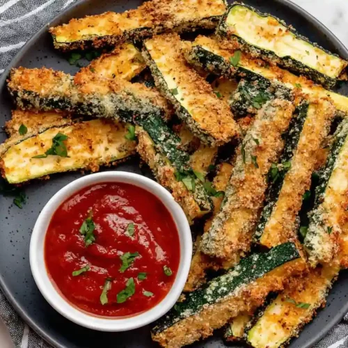 Air Fryer Zucchini Fries Recipe 6 Crispy Air Fryer Zucchini Fries served on a plate with marinara sauce