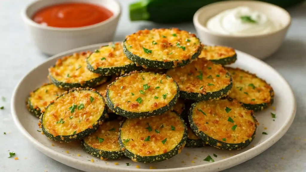 Crispy Baked Parmesan Zucchini Recipe 1 Golden baked parmesan zucchini slices served on a plate with dipping sauces