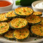 Golden baked parmesan zucchini slices served on a plate with dipping sauces