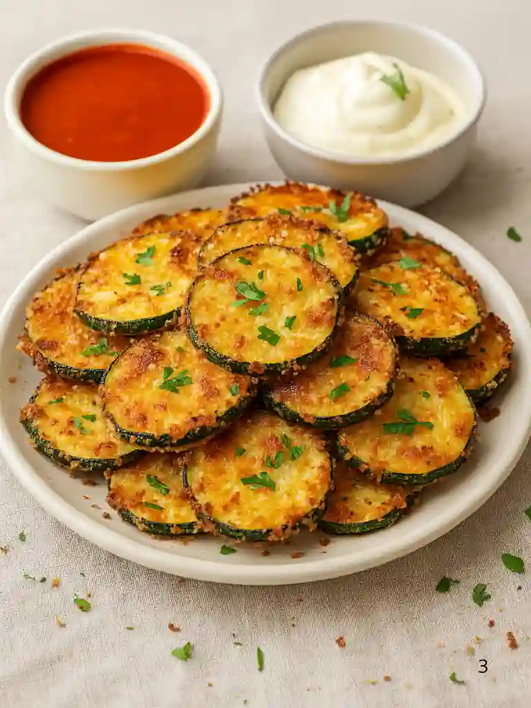 Crispy Baked Parmesan Zucchini Recipe 5 Stack of baked parmesan zucchini rounds served with marinara and garlic dip