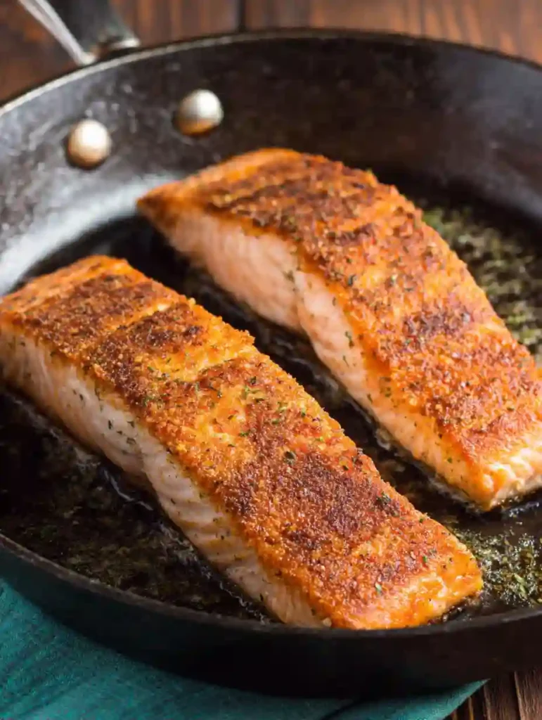 Salmon with Garlic Lemon Butter Sauce 2 salmon with garlic lemon butter sauce seared in skillet with golden crust