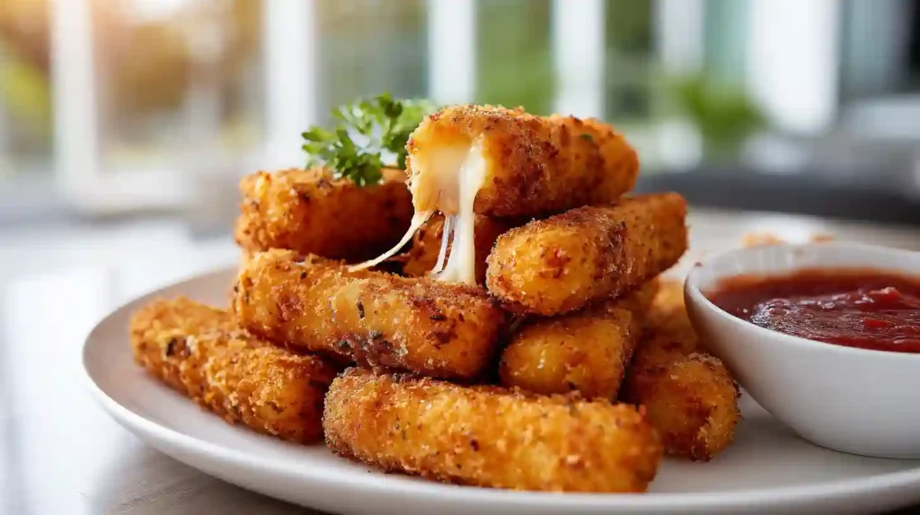 Healthy Mozzarella Sticks Recipe Crispy, Cheesy & Easy 1 Close-up of crispy healthy mozzarella sticks with melted cheese and marinara dip in a modern kitchen