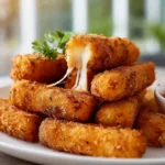 Close-up of crispy healthy mozzarella sticks with melted cheese and marinara dip in a modern kitchen