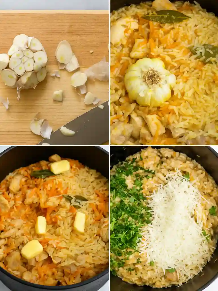 Creamy Chicken and Rice Recipe 4 Garlic-infused creamy chicken and rice being finished with butter, parsley, and parmesan in a pot