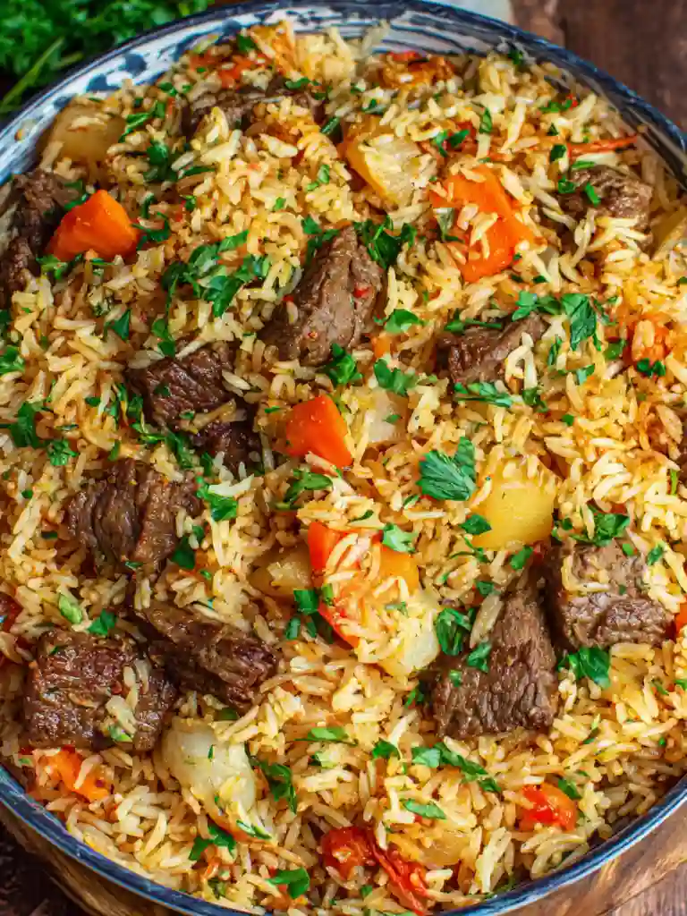 Authentic Beef Plov Recipe 4 Beef Plov with rice, beef chunks, carrots, potatoes, and fresh parsley in a deep bowl