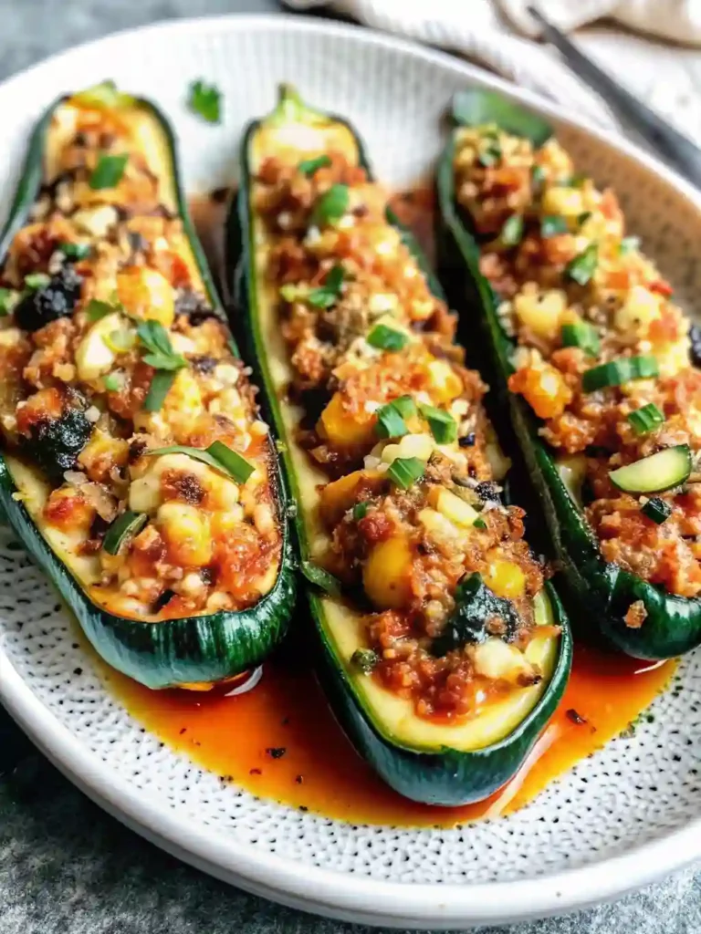 Mediterranean Stuffed Zucchini Recipe 3 Mediterranean stuffed zucchini with tomato, corn, and fresh green herbs on a ceramic plate