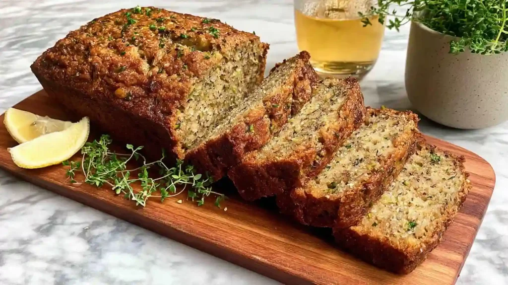 Sliced loaf of homemade Zucchini Bread Recipe on a wooden board with herbs and lemon wedges