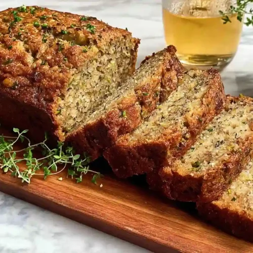 Best Zucchini Bread Recipe 8 Sliced loaf of homemade Zucchini Bread Recipe on a wooden board with herbs and lemon wedges