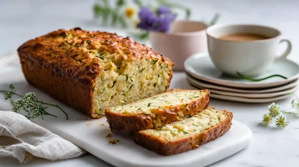 Close-up of moist zucchini cheese bread with golden crust, sliced on marble board beside coffee cups
