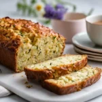 Close-up of moist zucchini cheese bread with golden crust, sliced on marble board beside coffee cups