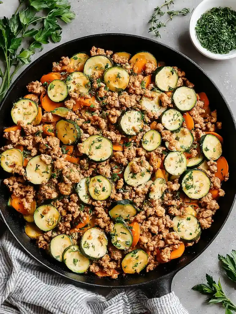 Ground Turkey and Zucchini Skillet Recipe 2 Ground turkey and zucchini skillet with herbs in a cast iron pan on a gray countertop