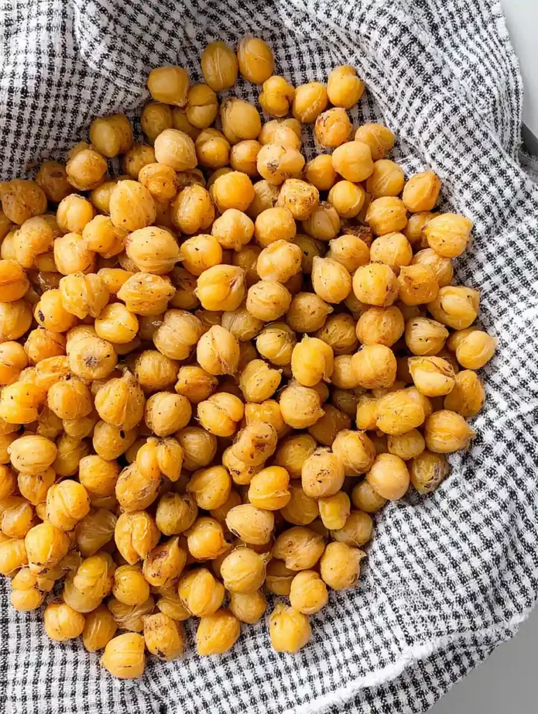 Crispy Roasted Chickpeas Snack 3 Crispy roasted chickpeas cooling on a checkered towel after oven baking