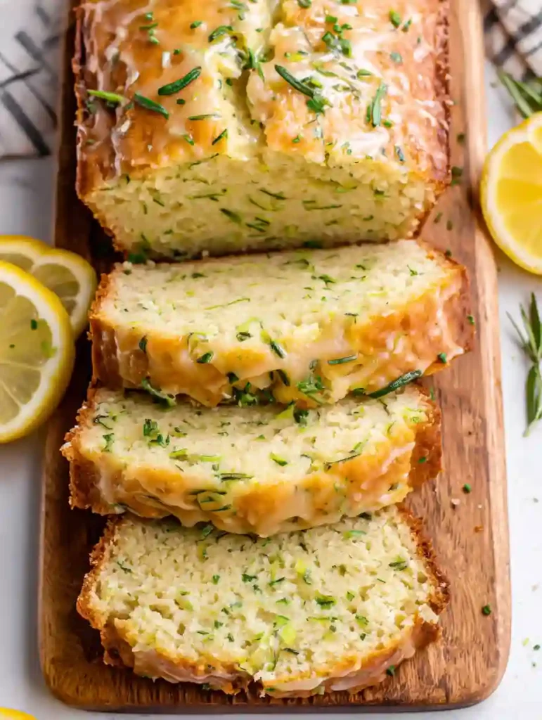 Best Lemon Zucchini Bread Recipe 5 Moist lemon zucchini bread loaf with glaze and fresh herbs on a wooden board