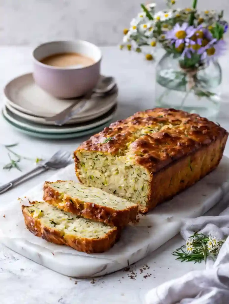 Zucchini Cheese Bread Recipe 4 Zucchini cheese bread with golden crust and moist interior, sliced on marble board beside coffee and flowers