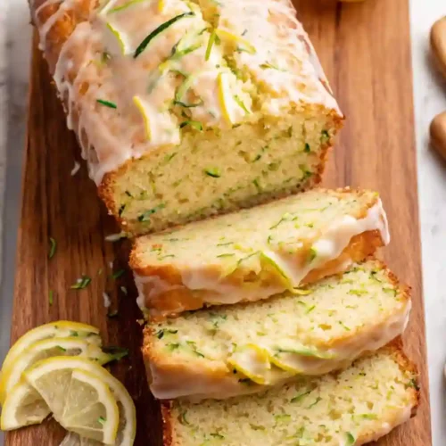 Best Lemon Zucchini Bread Recipe 6 Freshly baked lemon zucchini bread with glaze and lemon slices on a wooden cutting board