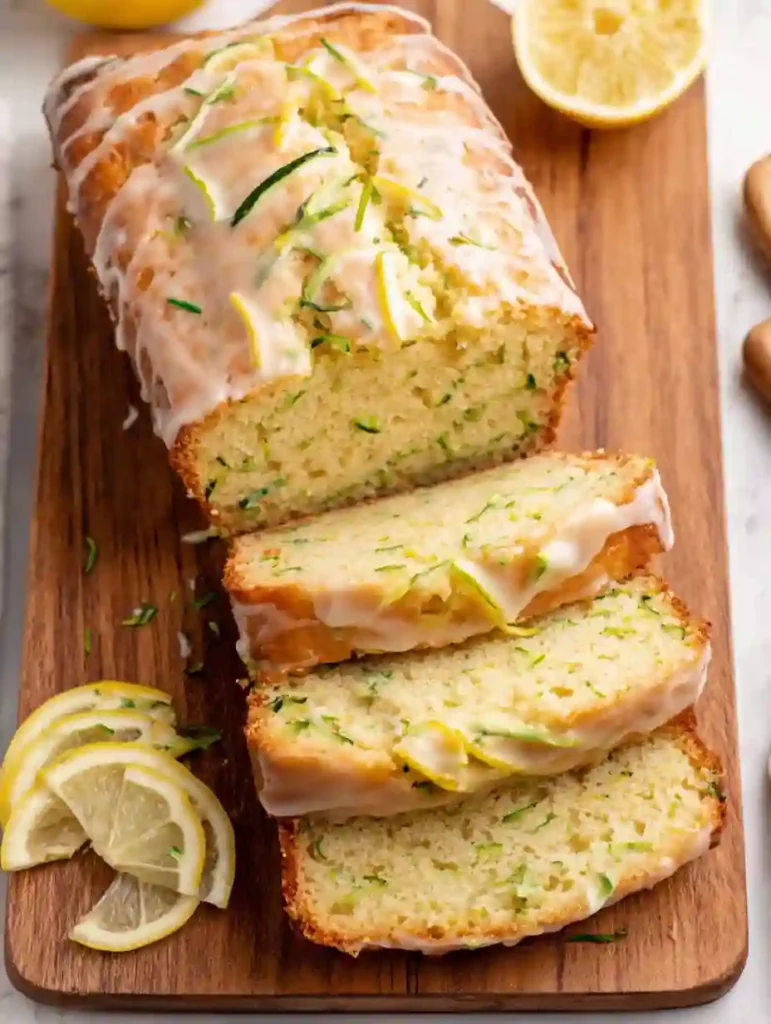 Best Lemon Zucchini Bread Recipe 2 Freshly baked lemon zucchini bread with glaze and lemon slices on a wooden cutting board
