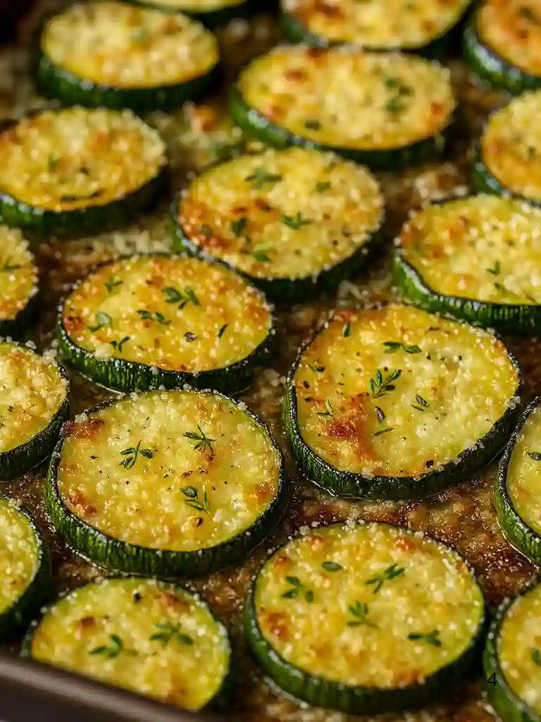 Crispy Baked Parmesan Zucchini Recipe 4 Close-up of baked parmesan zucchini slices topped with thyme and golden melted cheese