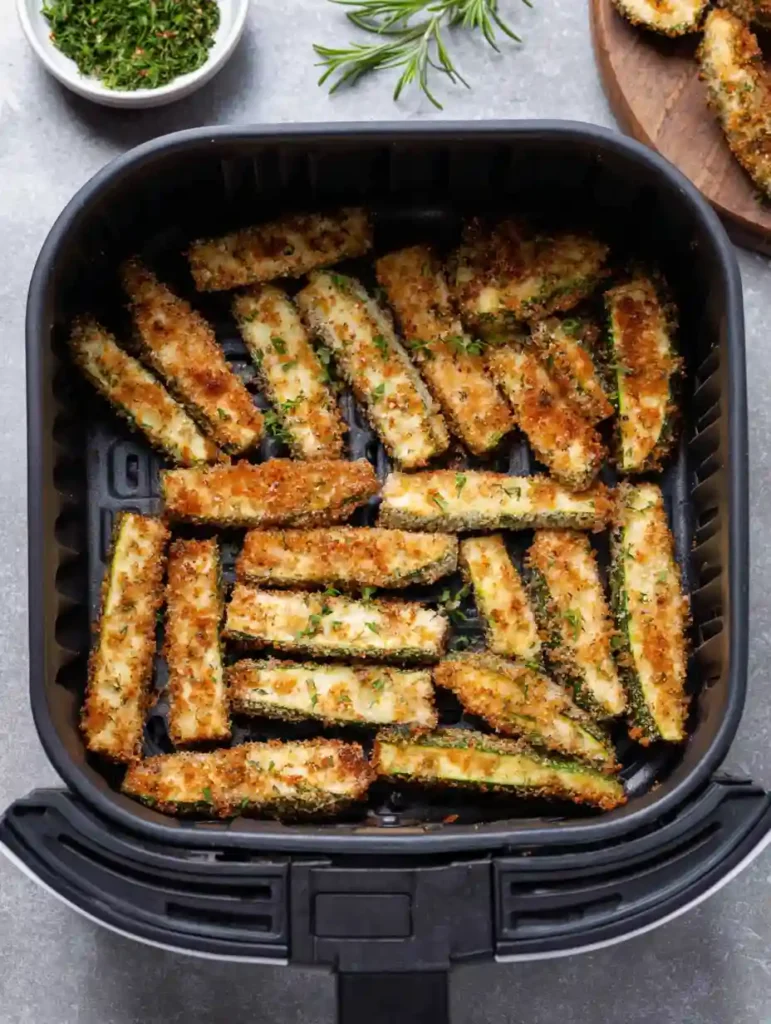 Air Fryer Zucchini Fries Recipe 4 Cooked Air Fryer Zucchini Fries resting in a black air fryer basket with herbs