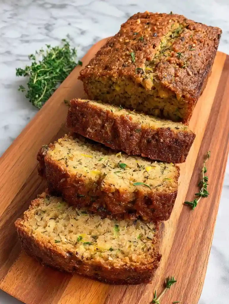 Best Zucchini Bread Recipe 7 Close-up of moist homemade Zucchini Bread Recipe sliced on a wooden board with fresh herbs