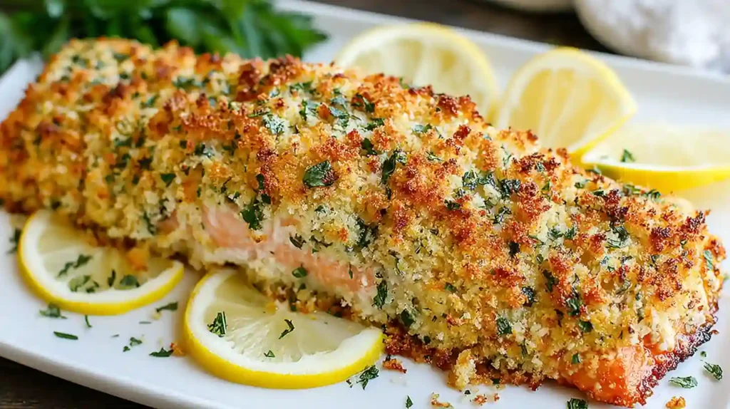 Baked Parmesan Crusted Salmon 1 Close-up of Parmesan Crusted Salmon with lemon slices and crispy herb topping