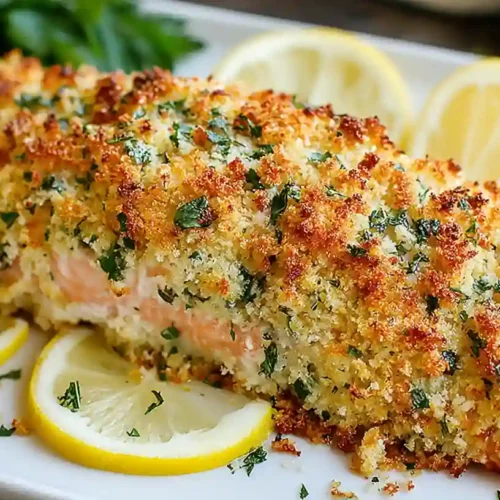 Baked Parmesan Crusted Salmon 6 Close-up of Parmesan Crusted Salmon with lemon slices and crispy herb topping