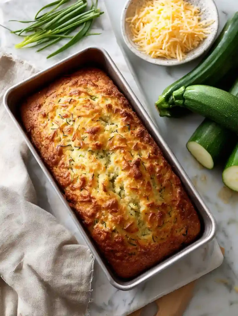 Zucchini Cheese Bread Recipe 3 Zucchini cheese bread in baking pan with golden crust, fresh zucchini and shredded cheese on marble surface
