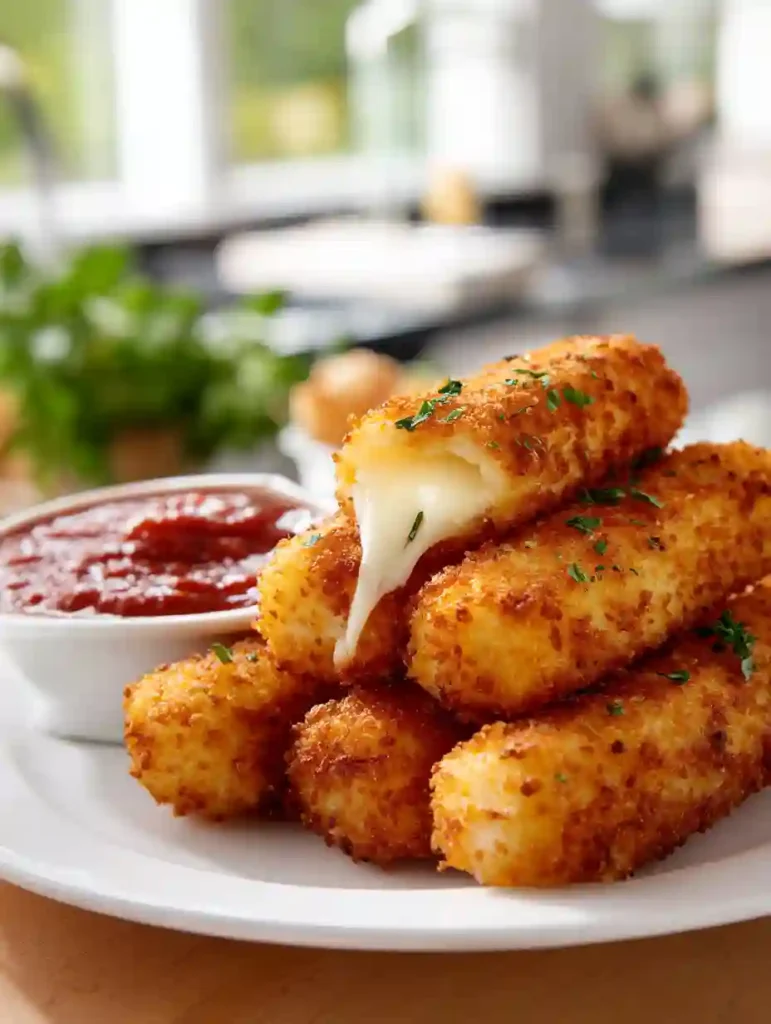 Healthy Mozzarella Sticks Recipe Crispy, Cheesy & Easy 4 Close-up of golden healthy mozzarella sticks with melted cheese and marinara sauce in a modern kitchen